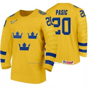 Camiseta Hockey Suecia Nikola Pasic Home 2020 IIHF World Junior Championship Amarillo