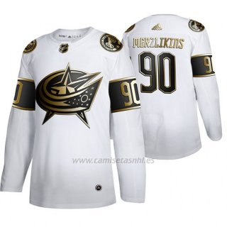 Camiseta Hockey Columbus Blue Jackets Elvis Merzlikins Golden Edition Autentico Blanco