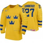 Camiseta Hockey Suecia Nils Lundkvist Home 2020 IIHF World Junior Championship Amarillo