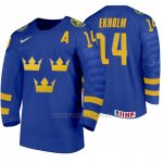 Camiseta Hockey Suecia Mattias Ekholm Away 2020 IIHF World Junior Championships Azul