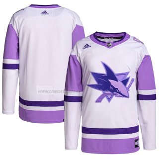 Camiseta Hockey San Jose Sharks Fights Cancer Autentico Blank Practice Blanco Violeta